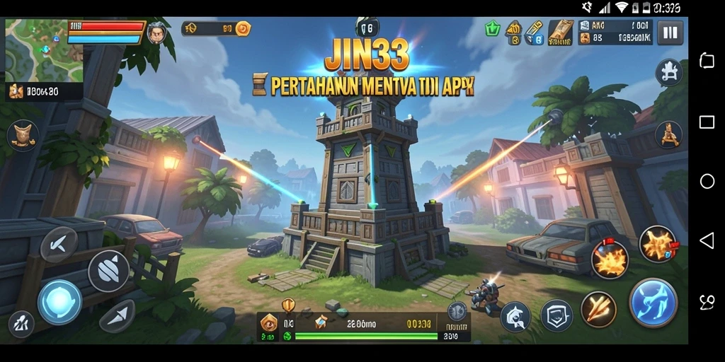 Screenshot gameplay JIN33 menampilkan pertarungan Tower Defense yang seru.