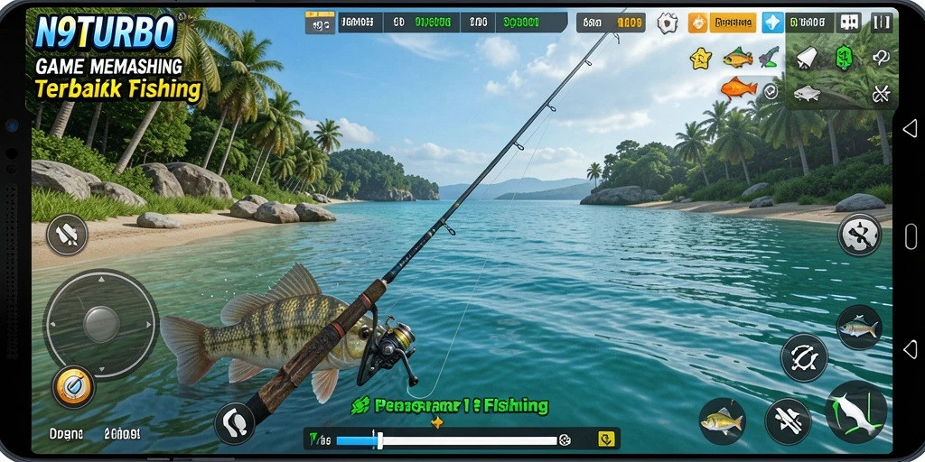 Screenshot N9TURBO menampilkan aksi seru memancing di tengah lautan.