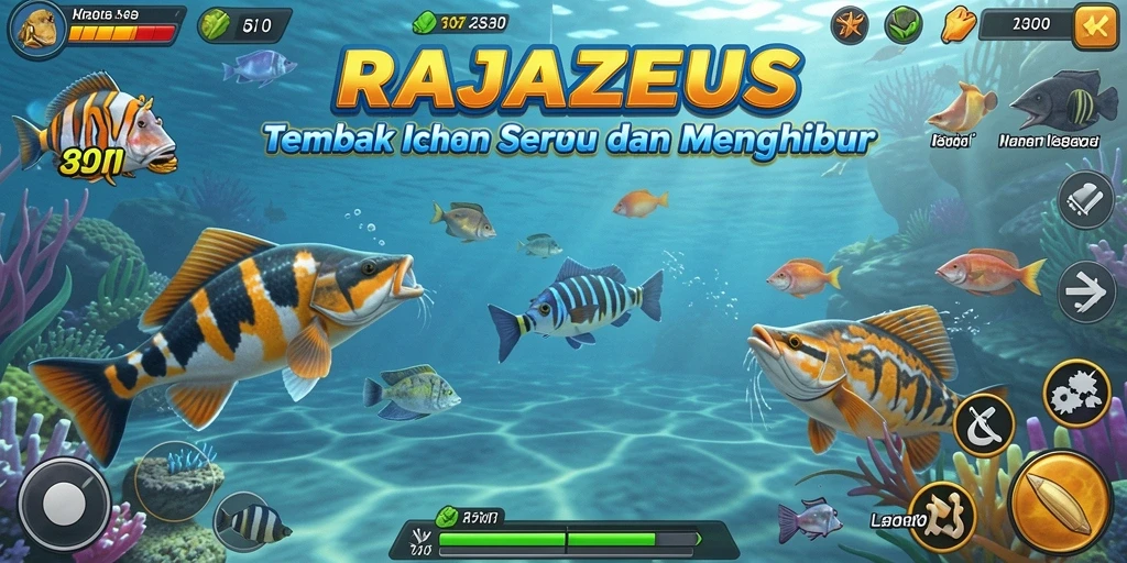Tangkapan screenshot gameplay RAJAZEUS yang menampilkan aksi Tembak Ikan.